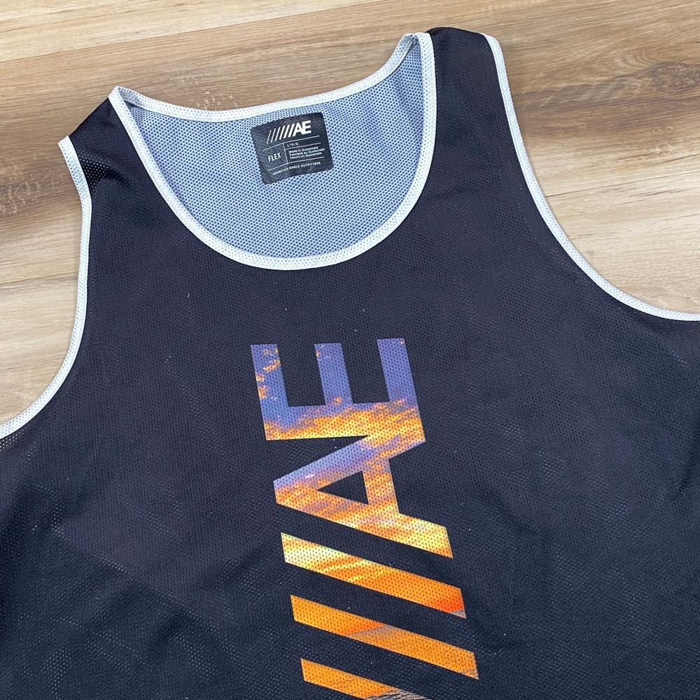 American Eagle Tank Top Mens Large Flex Mesh Graphic Streetwear Black Summer